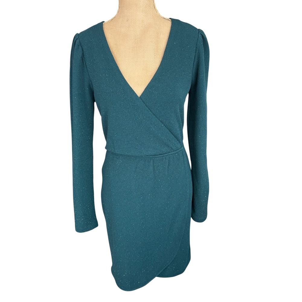 Speechless Hunter Green Glitter Long Sleeve Wrap Dress Party Cocktail Medium‎